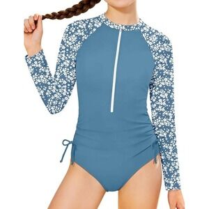 Girls Blue Floral Long Sleeve One Piece Rash Guard Swimsuit UPF 50+ Size 9-10Y